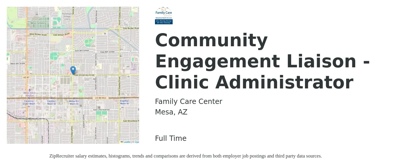 Family Care Center job posting for a Community Engagement Liaison - Clinic Administrator in Mesa, AZ with a salary of $57,500 to $88,000 Yearly with a map of Mesa location.