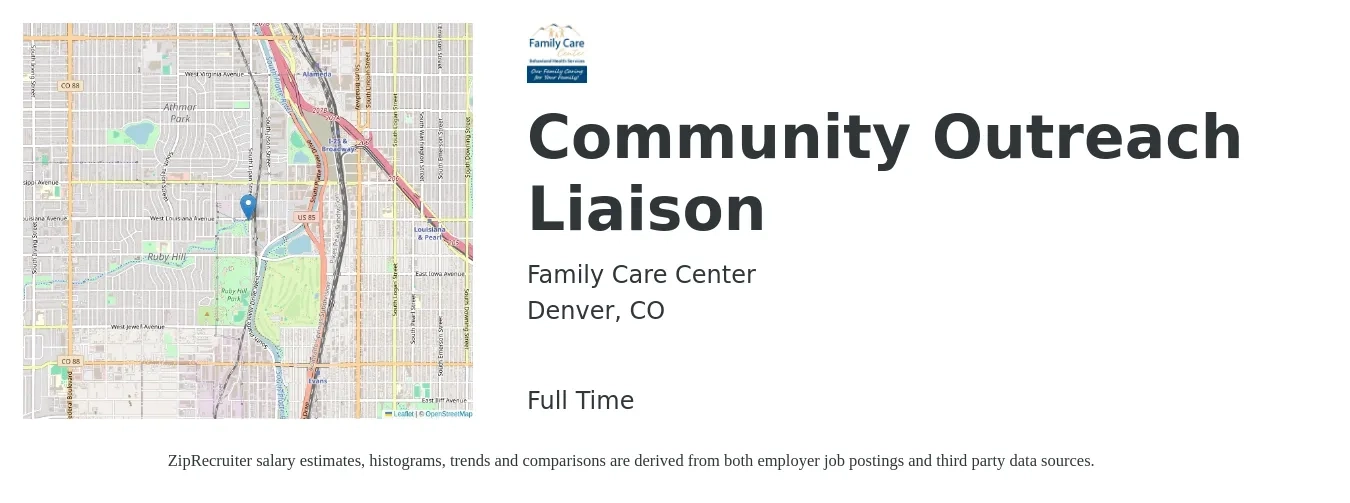 Family Care Center job posting for a Community Outreach Liaison in Denver, CO with a salary of $72,000 to $82,000 Yearly with a map of Denver location.