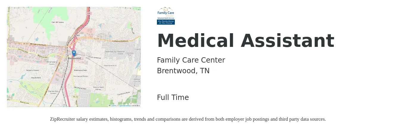 Family Care Center job posting for a Medical Assistant in Brentwood, TN with a salary of $20 to $25 Hourly with a map of Brentwood location.