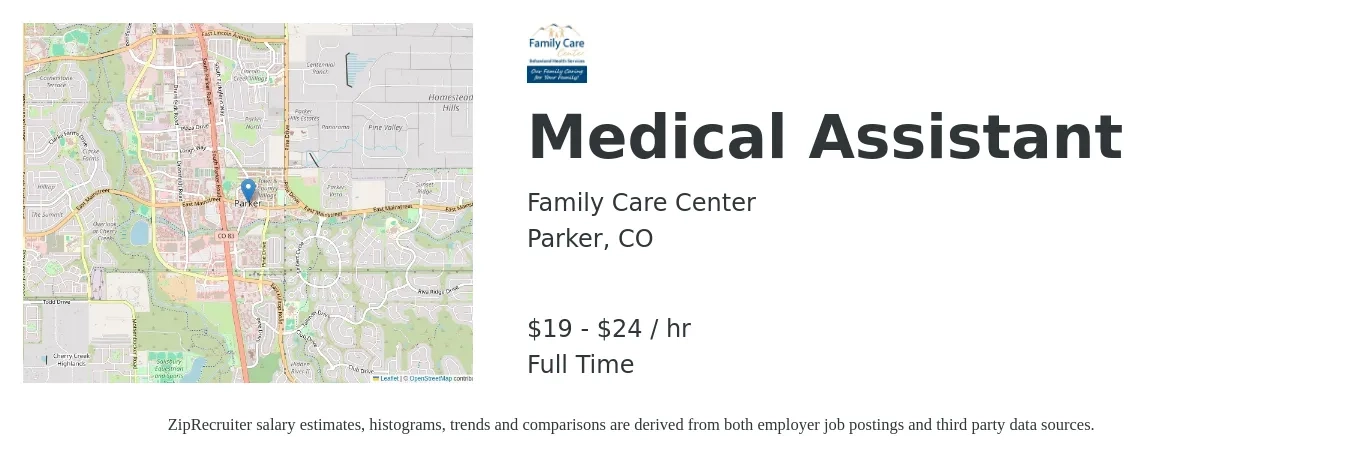 Family Care Center job posting for a Medical Assistant in Parker, CO with a salary of $20 to $25 Hourly with a map of Parker location.