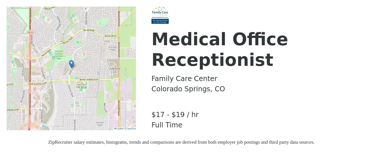 Family Care Center (FCC) job posting for a Medical Office Receptionist in Colorado Springs, CO with a salary of $18 to $20 Hourly with a map of Colorado Springs location.