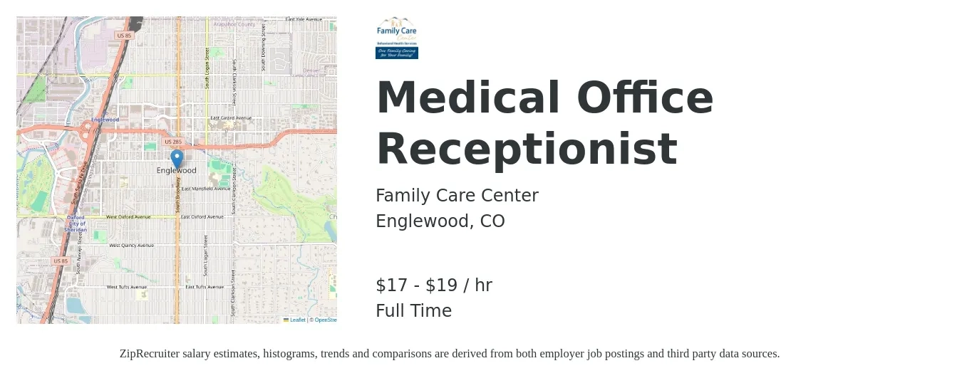 Family Care Center job posting for a Medical Office Receptionist in Englewood, CO with a salary of $18 to $20 Hourly with a map of Englewood location.