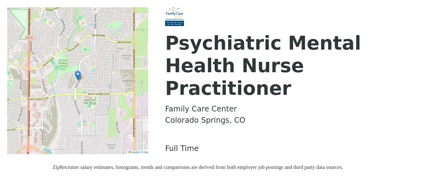 Family Care Center job posting for a Psychiatric Mental Health Nurse Practitioner in Colorado Springs, CO with a salary of $107,000 to $115,000 Yearly with a map of Colorado Springs location.
