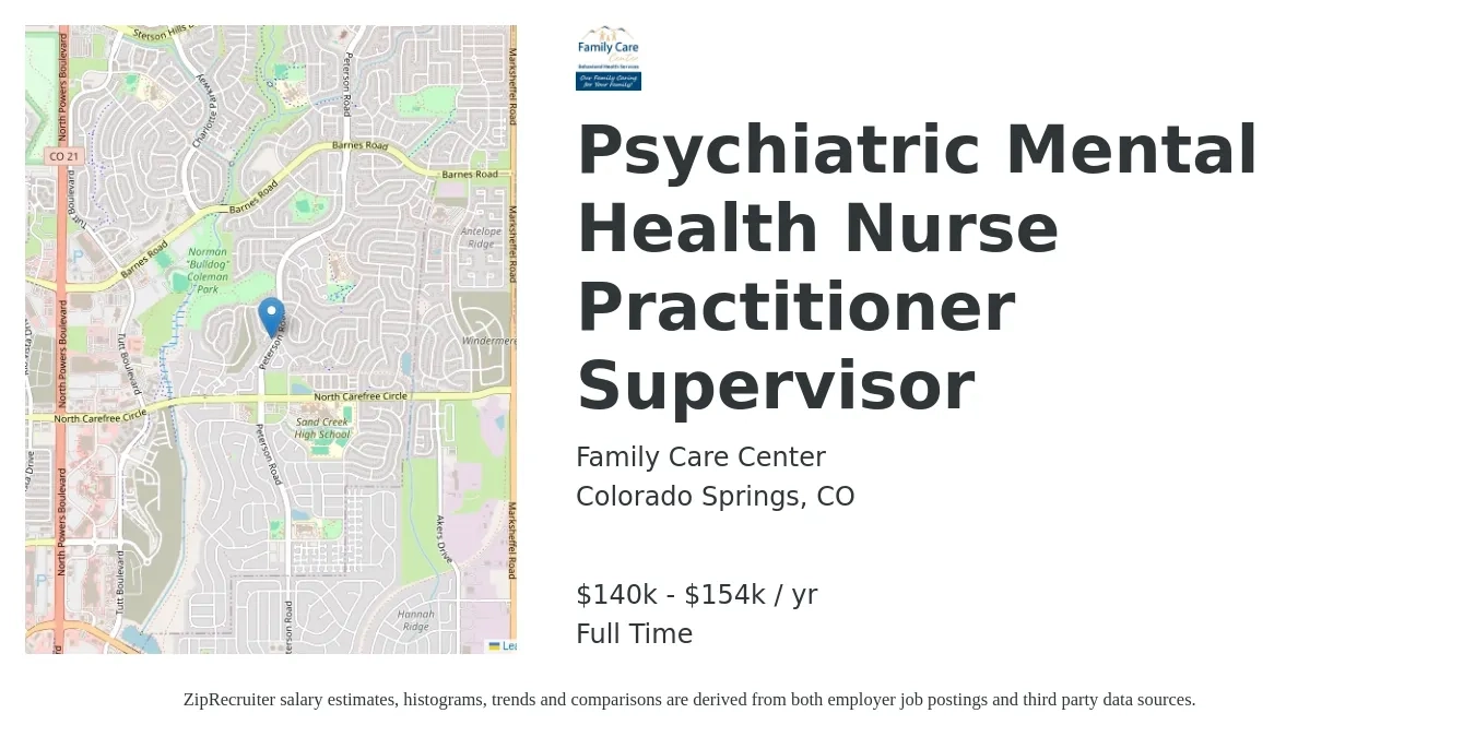 Family Care Center (FCC) job posting for a Psychiatric Mental Health Nurse Practitioner Supervisor in Colorado Springs, CO with a salary of $140,000 to $154,000 Yearly with a map of Colorado Springs location.