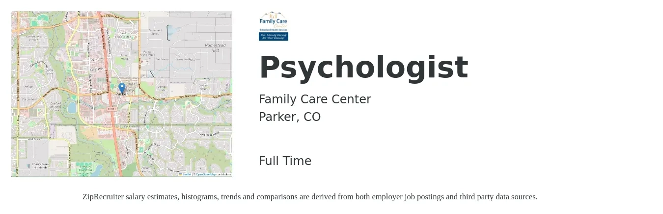 Family Care Center job posting for a Psychologist in Parker, CO with a salary of $102,000 to $124,000 Yearly with a map of Parker location.