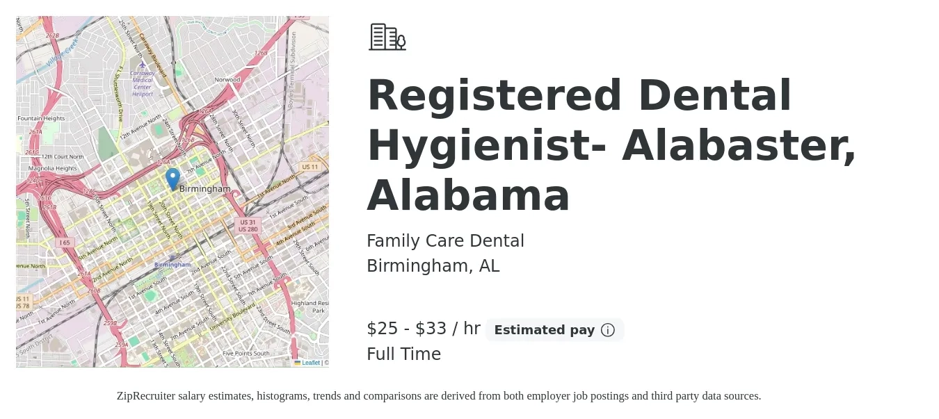 Family Care Dental job posting for a Registered Dental Hygienist- Alabaster, Alabama in Birmingham, AL with a salary of $26 to $35 Hourly with a map of Birmingham location.