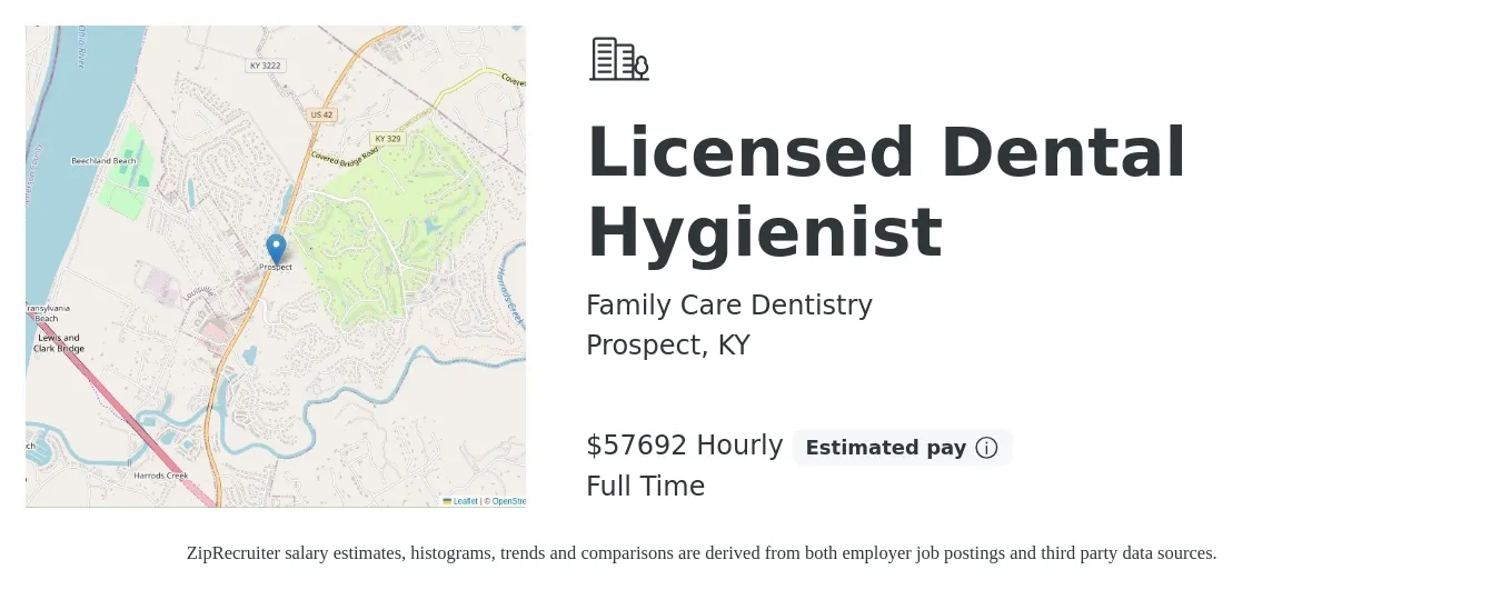 Family Care Dentistry job posting for a Licensed Dental Hygienist in Prospect, KY with a salary of $60,000 Hourly with a map of Prospect location.