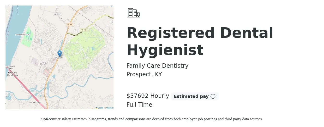 Family Care Dentistry job posting for a Registered Dental Hygienist in Prospect, KY with a salary of $60,000 Hourly with a map of Prospect location.