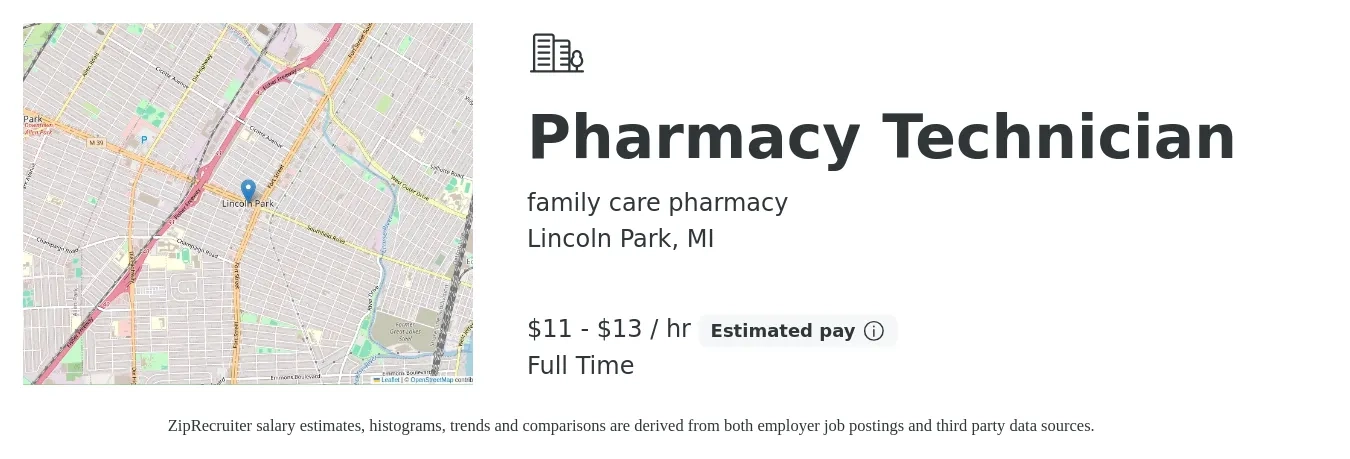 family care pharmacy job posting for a Pharmacy Technician in Lincoln Park, MI with a salary of $16 to $20 Hourly and benefits including 401k with a map of Lincoln Park location.