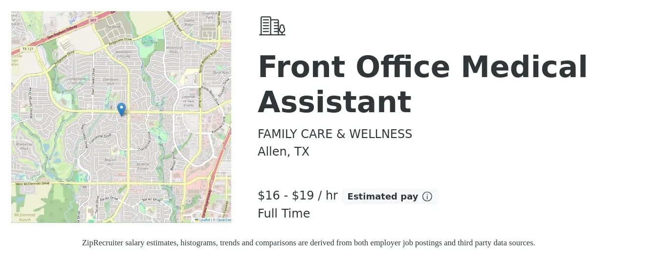 FAMILY CARE & WELLNESS job posting for a Front Office Medical Assistant in Allen, TX with a salary of $17 to $20 Hourly and benefits including pto with a map of Allen location.