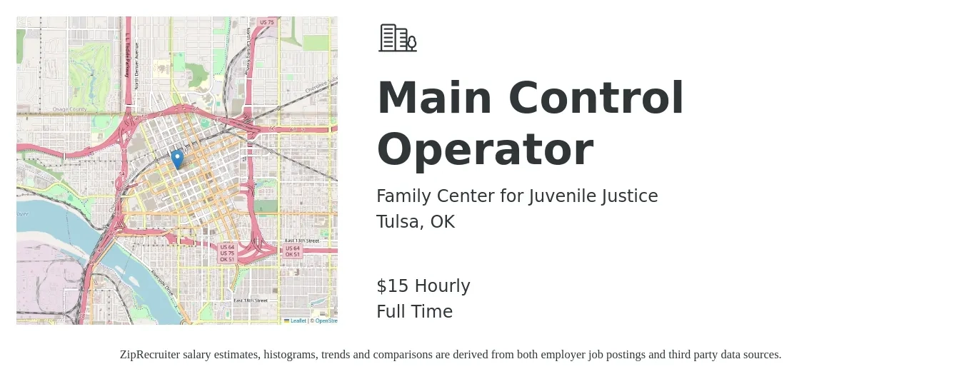 Family Center for Juvenile Justice job posting for a Main Control Operator in Tulsa, OK with a salary of $16 Hourly with a map of Tulsa location.