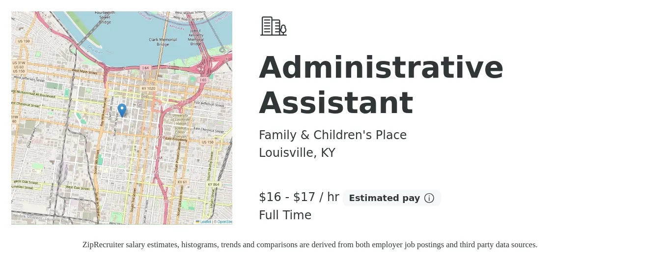 Family & Children's Place job posting for a Administrative Assistant in Louisville, KY with a salary of $17 to $18 Hourly with a map of Louisville location.