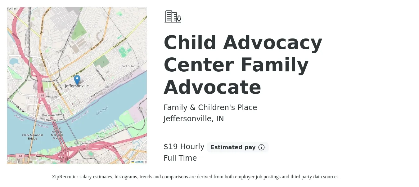 Family & Children's Place job posting for a Child Advocacy Center Family Advocate in Jeffersonville, IN with a salary of $20 to $20 Hourly with a map of Jeffersonville location.