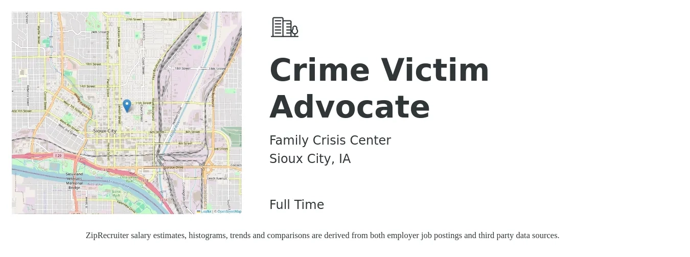 Family Crisis Center job posting for a Crime Victim Advocate in Sioux City, IA with a salary of $19 to $21 Hourly with a map of Sioux City location.