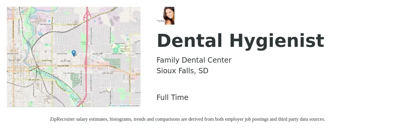 Family Dental Center job posting for a Dental Hygienist in Sioux Falls, SD with a salary of $38 to $40 Hourly with a map of Sioux Falls location.