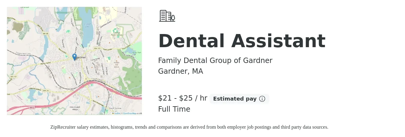Family Dental Group of Gardner job posting for a Dental Assistant in Gardner, MA with a salary of $22 to $27 Hourly with a map of Gardner location.