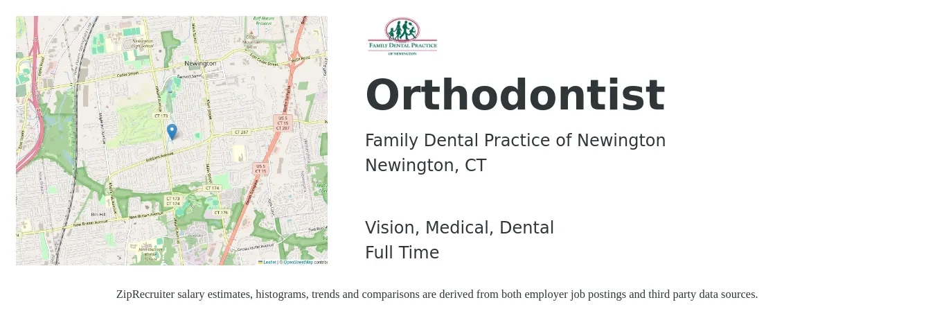 Family Dental Practice of Newington job posting for a Orthodontist in Newington, CT with a salary of $1,500 Daily and benefits including dental, medical, retirement, and vision with a map of Newington location.