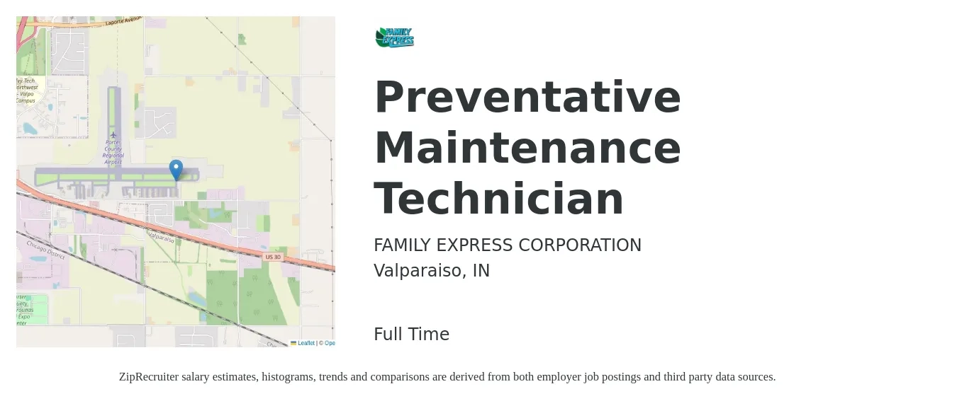 FAMILY EXPRESS CORPORATION job posting for a Preventative Maintenance Technician in Valparaiso, IN with a salary of $15 to $21 Hourly with a map of Valparaiso location.