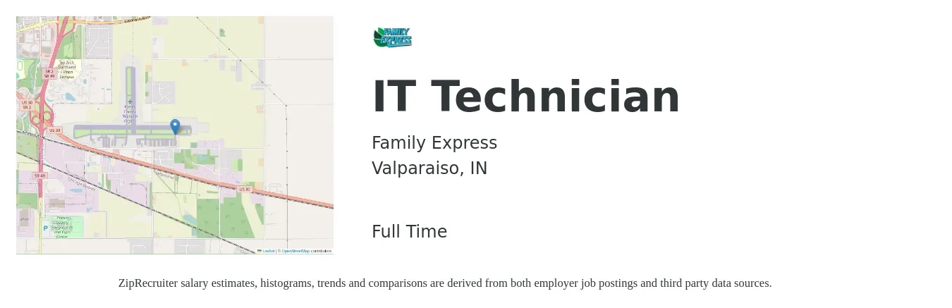 FAMILY EXPRESS CORPORATION job posting for a IT Technician in Valparaiso, IN with a salary of $31,900 to $46,800 Yearly with a map of Valparaiso location.