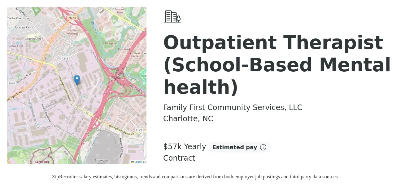 Family First Community Services, LLC job posting for a Outpatient Therapist (School-Based Mental health) in Charlotte, NC with a salary of $57,200 Yearly with a map of Charlotte location.