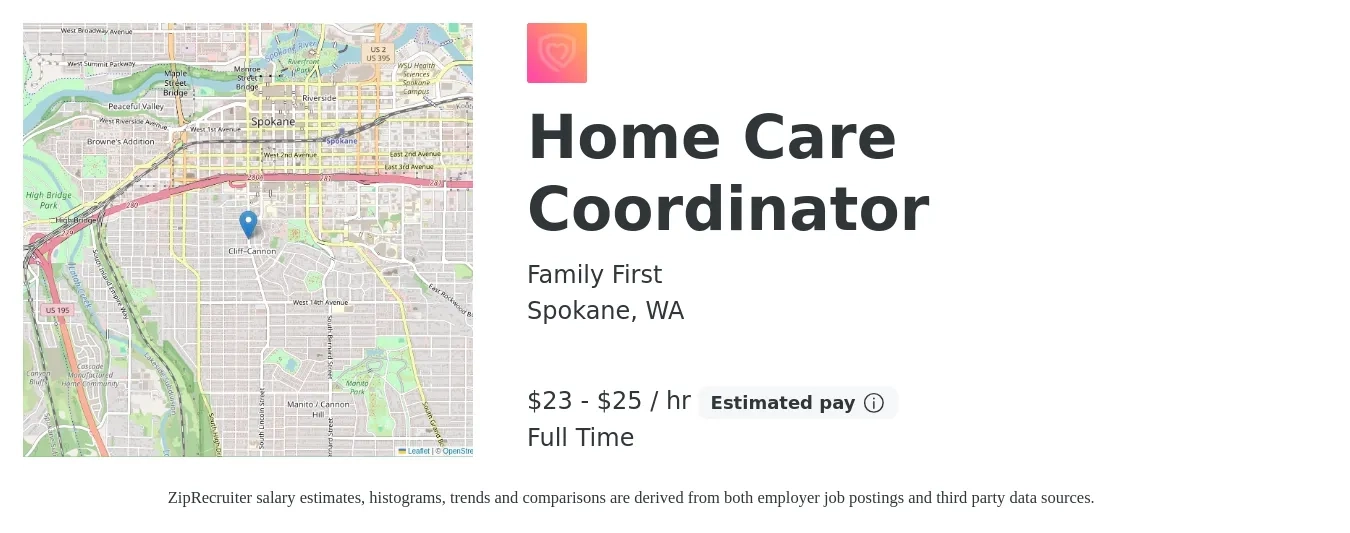 Family First job posting for a Home Care Coordinator in Spokane, WA with a salary of $24 to $27 Hourly with a map of Spokane location.