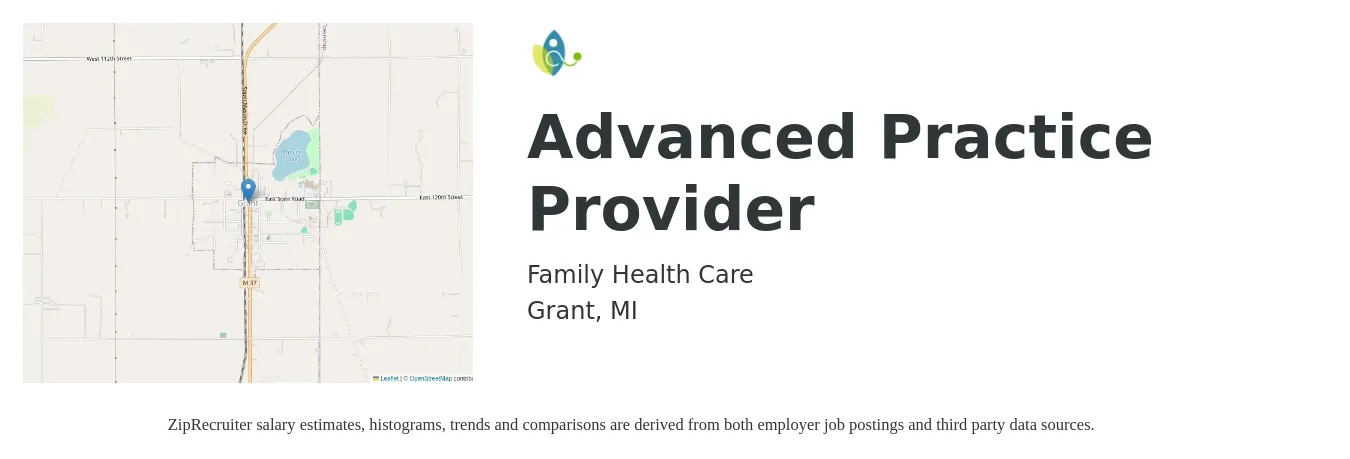 Family Health Care job posting for a Advanced Practice Provider in Grant, MI with a salary of $94,000 Yearly with a map of Grant location.