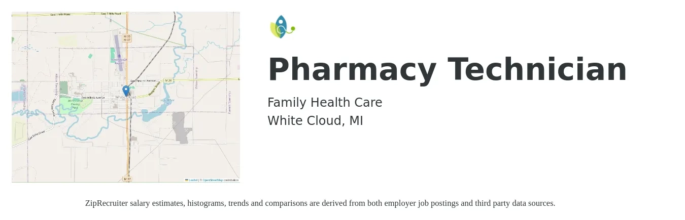 Family Health Care job posting for a Pharmacy Technician in White Cloud, MI with a salary of $15 Hourly with a map of White Cloud location.