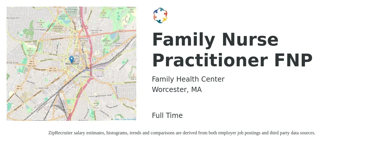Family Health Center job posting for a Family Nurse Practitioner FNP in Worcester, MA with a salary of $110,500 to $140,000 Yearly with a map of Worcester location.