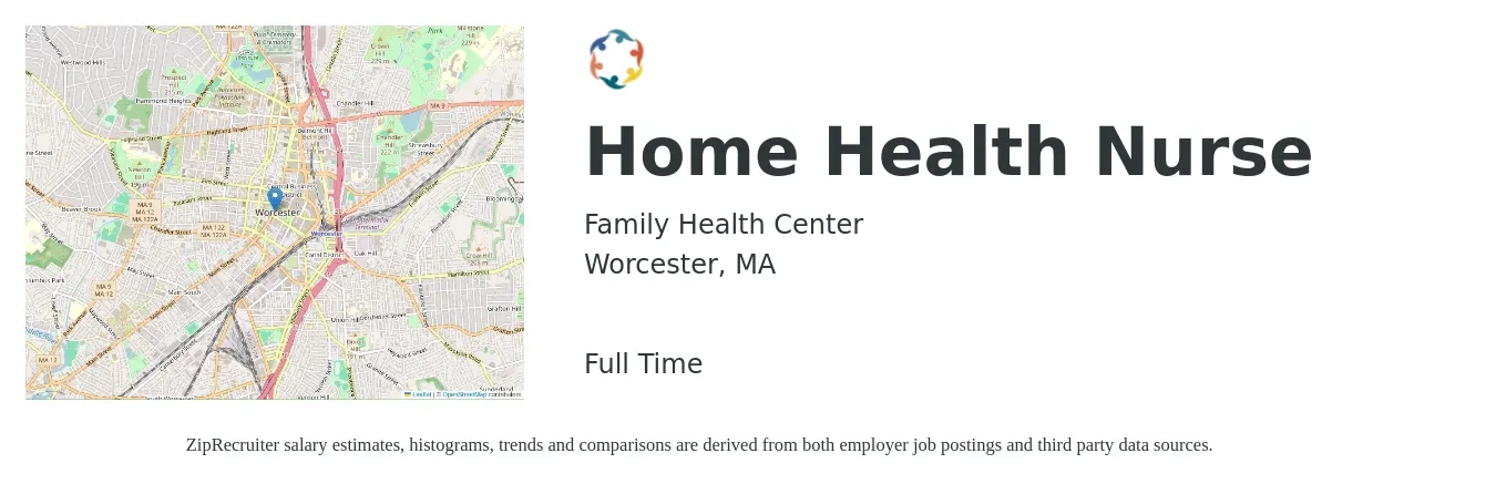 Family Health Center job posting for a Home Health Nurse in Worcester, MA with a salary of $31 to $40 Hourly with a map of Worcester location.