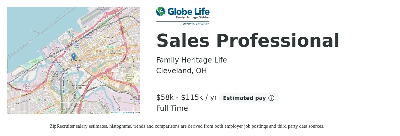 Family Heritage Life job posting for a Sales Professional in Cleveland, OH with a salary of $58,000 to $115,000 Yearly with a map of Cleveland location.