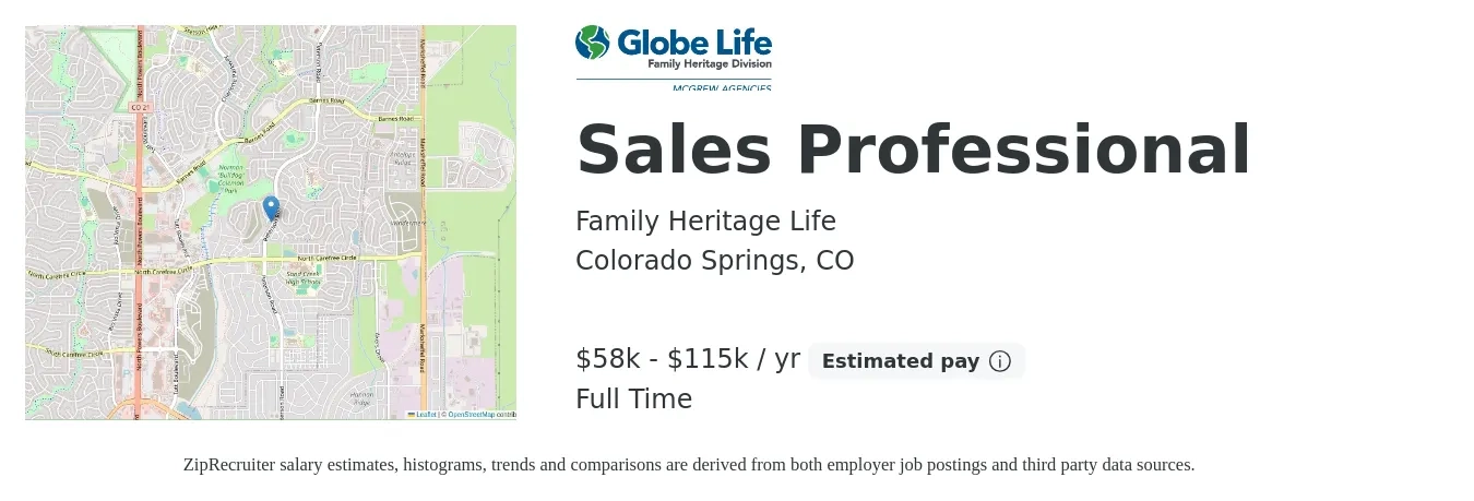 Family Heritage Life job posting for a Sales Professional in Colorado Springs, CO with a salary of $58,000 to $115,000 Yearly with a map of Colorado Springs location.