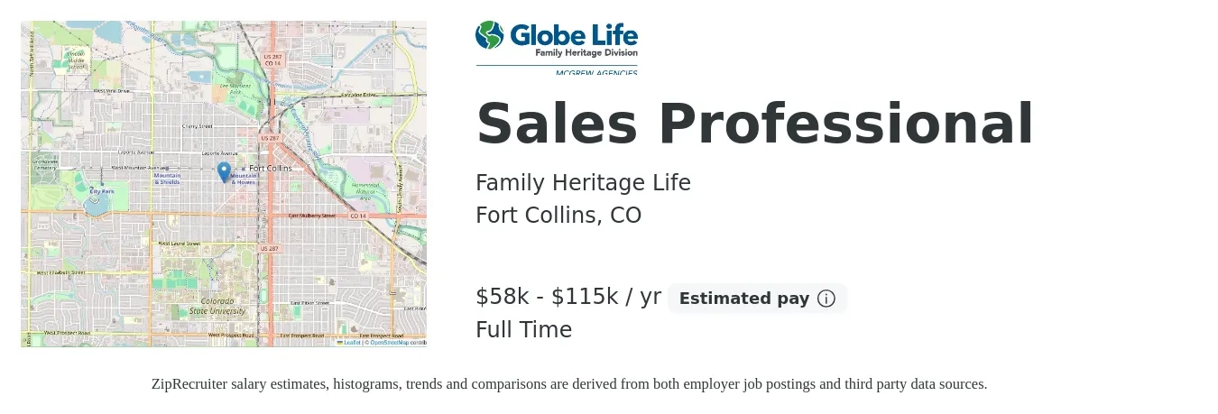 Family Heritage Life job posting for a Sales Professional in Fort Collins, CO with a salary of $58,000 to $115,000 Yearly with a map of Fort Collins location.