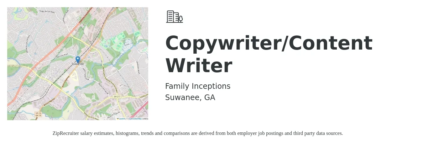 Family Inceptions job posting for a Copywriter/Content Writer in Suwanee, GA with a salary of $27 to $40 Hourly with a map of Suwanee location.
