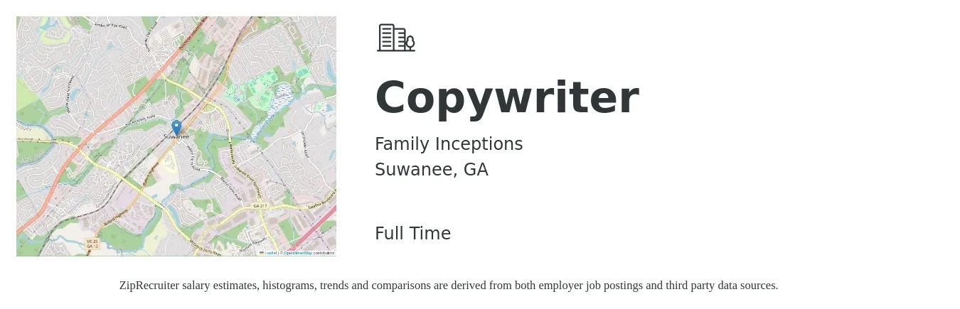 Family Inceptions job posting for a Copywriter in Suwanee, GA with a salary of $27 to $40 Hourly with a map of Suwanee location.