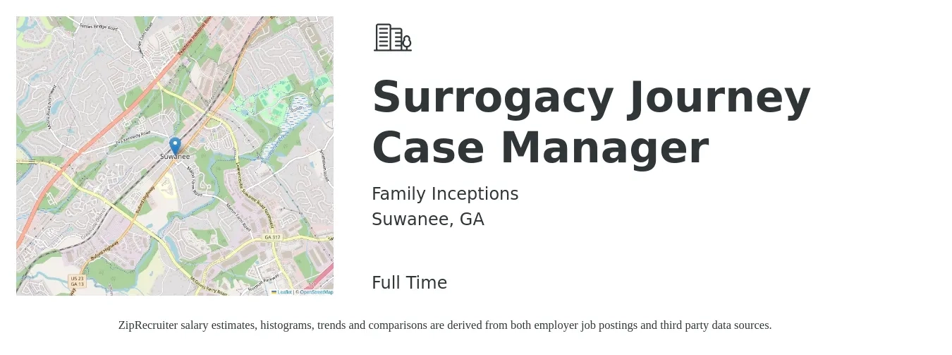 Family Inceptions job posting for a Surrogacy Journey Case Manager in Suwanee, GA with a salary of $20 to $26 Hourly with a map of Suwanee location.