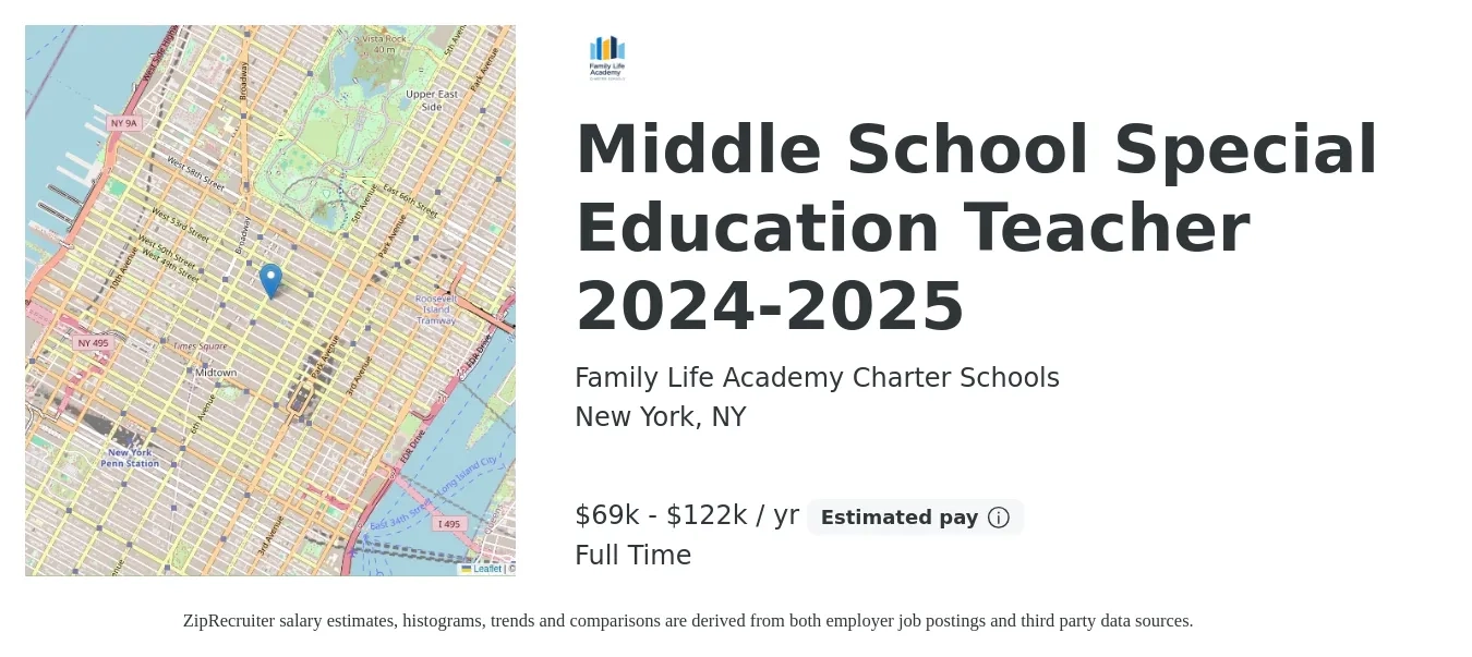 Family Life Academy Charter Schools job posting for a Middle School Special Education Teacher 2024-2025 in New York, NY with a salary of $69,339 to $122,790 Yearly with a map of New York location.