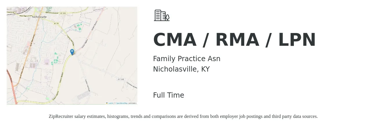 Family Practice Asn job posting for a CMA / RMA / LPN in Nicholasville, KY with a salary of $15 to $20 Hourly with a map of Nicholasville location.