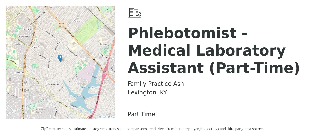 Family Practice Asn job posting for a Phlebotomist - Medical Laboratory Assistant (Part-Time) in Lexington, KY with a salary of $14 to $18 Hourly with a map of Lexington location.