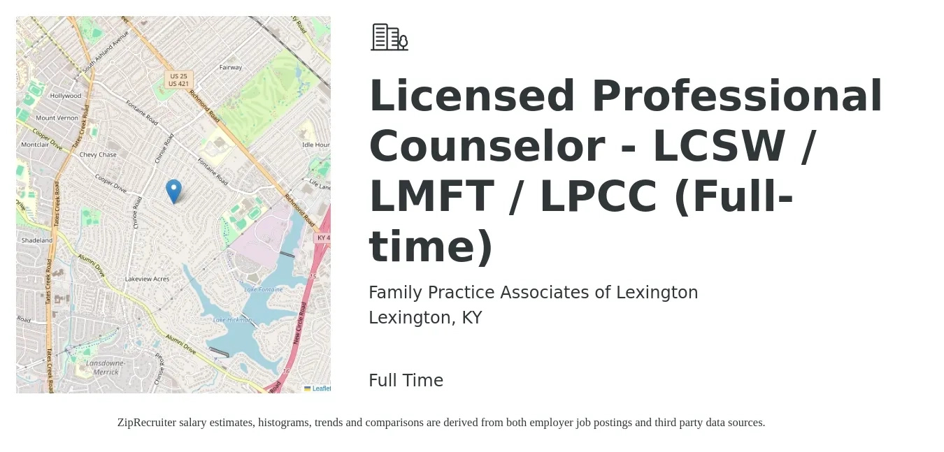 Family Practice Associates of Lexington job posting for a Licensed Professional Counselor - LCSW / LMFT / LPCC (Full-time) in Lexington, KY with a salary of $52,500 to $84,800 Yearly with a map of Lexington location.