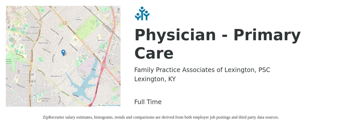 Family Practice Associates of Lexington, PSC job posting for a Physician - Primary Care in Lexington, KY with a salary of $161,000 to $207,200 Yearly with a map of Lexington location.