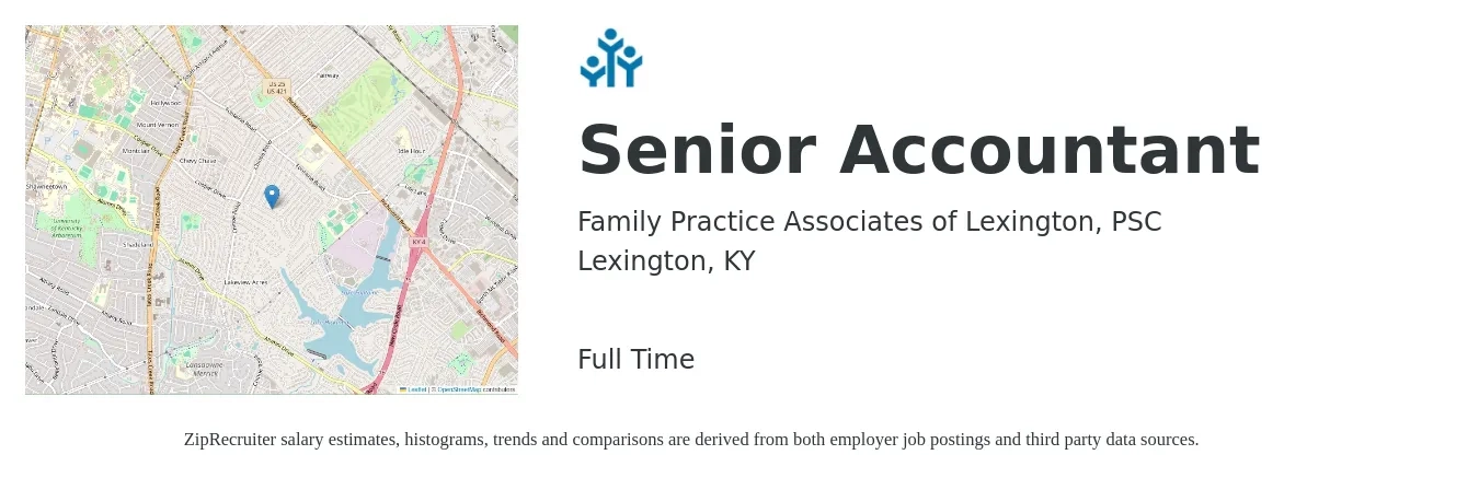 Family Practice Associates of Lexington, PSC job posting for a Senior Accountant in Lexington, KY with a salary of $62,700 to $78,800 Yearly with a map of Lexington location.