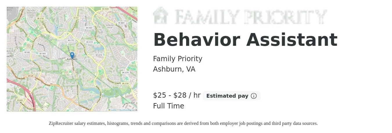 Family Priority job posting for a Behavior Assistant in Ashburn, VA with a salary of $26 to $30 Hourly with a map of Ashburn location.