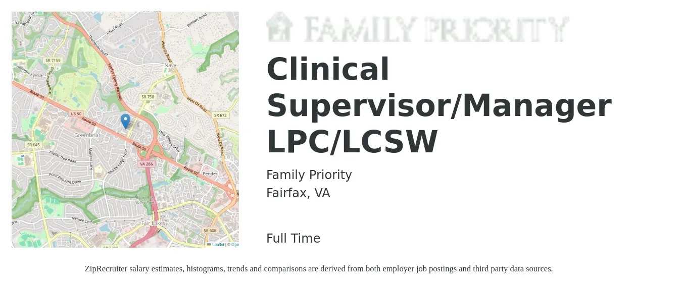 Family Priority job posting for a Clinical Supervisor/Manager LPC/LCSW in Fairfax, VA with a salary of $65,500 to $90,600 Yearly with a map of Fairfax location.