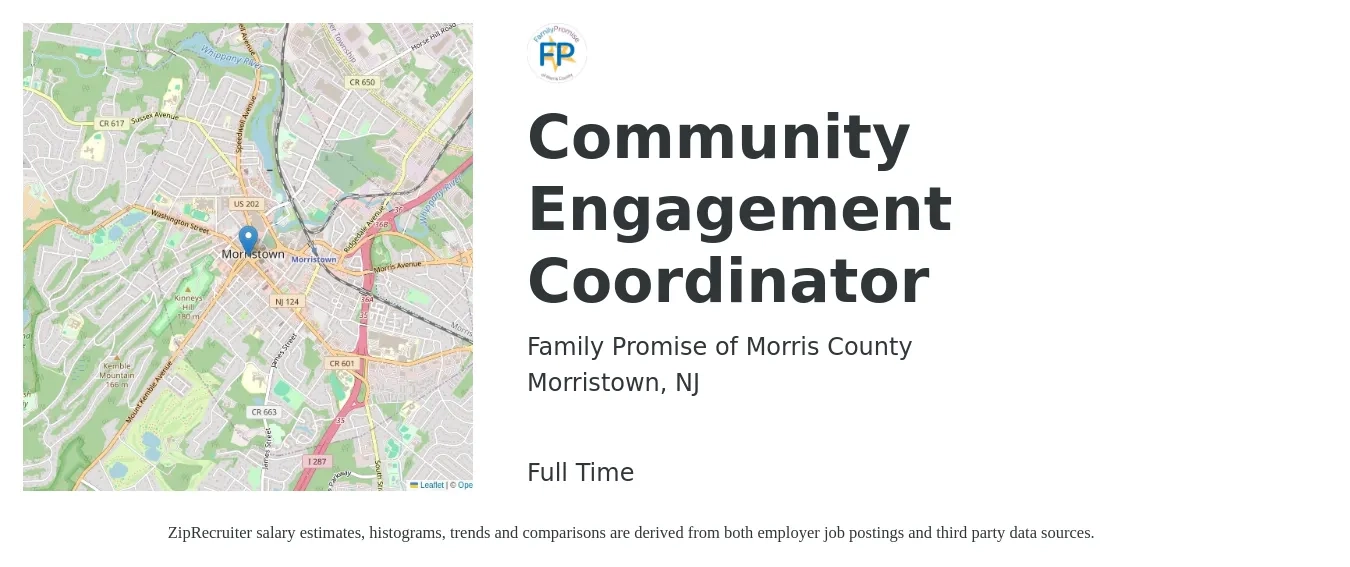 Family Promise of Morris County job posting for a Community Engagement Coordinator in Morristown, NJ with a salary of $50,000 Yearly with a map of Morristown location.