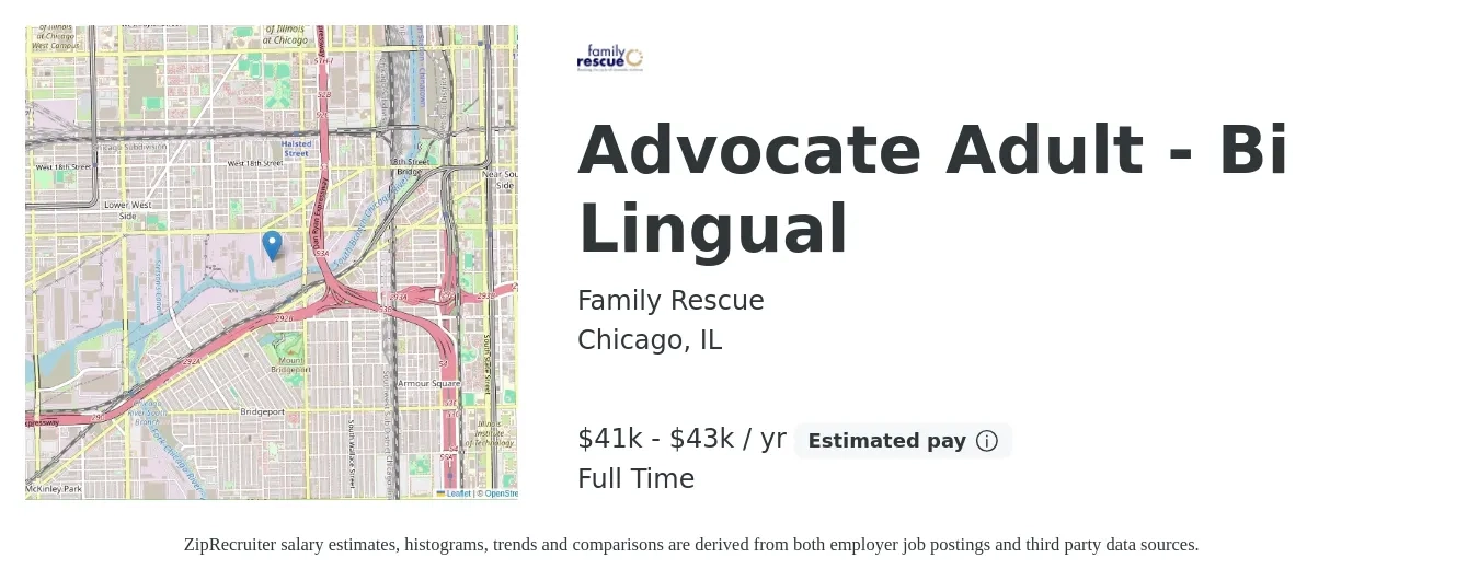 Family Rescue job posting for a Advocate Adult - Bi Lingual in Chicago, IL with a salary of $43,000 to $45,000 Yearly with a map of Chicago location.
