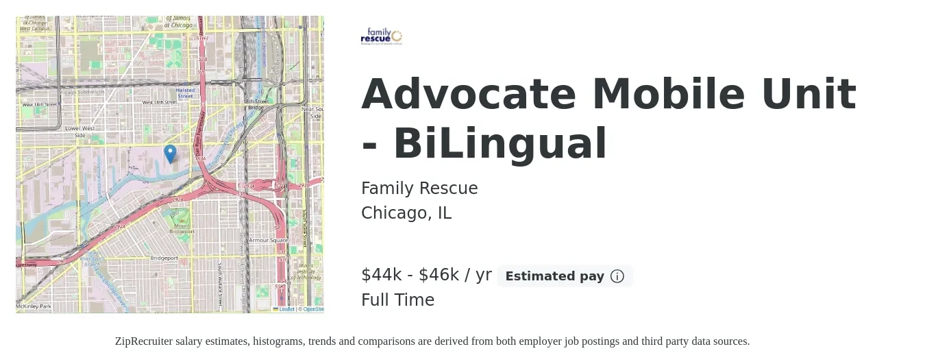 Family Rescue job posting for a Advocate Mobile Unit - BiLingual in Chicago, IL with a salary of $44,000 to $46,000 Yearly with a map of Chicago location.