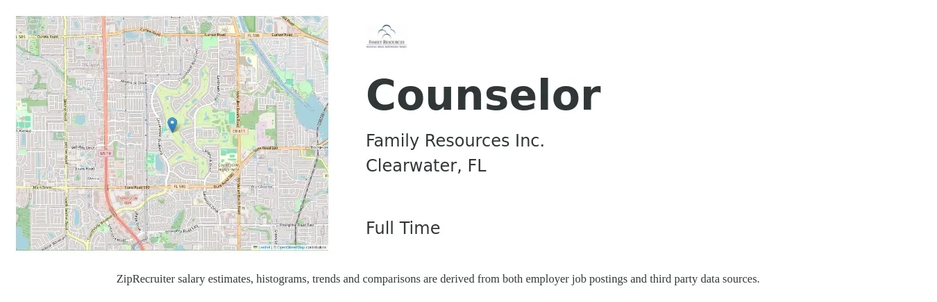 Family Resources Inc. job posting for a Counselor in Clearwater, FL with a salary of $37,700 to $59,800 Yearly with a map of Clearwater location.