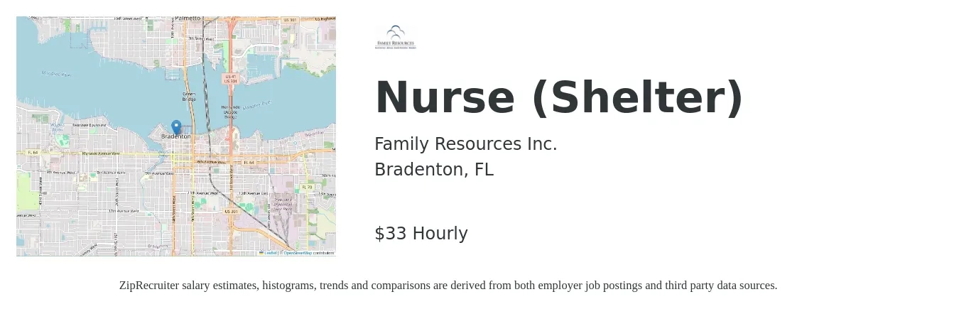 Family Resources Inc. job posting for a Nurse (Shelter) in Bradenton, FL with a salary of $35 Hourly with a map of Bradenton location.