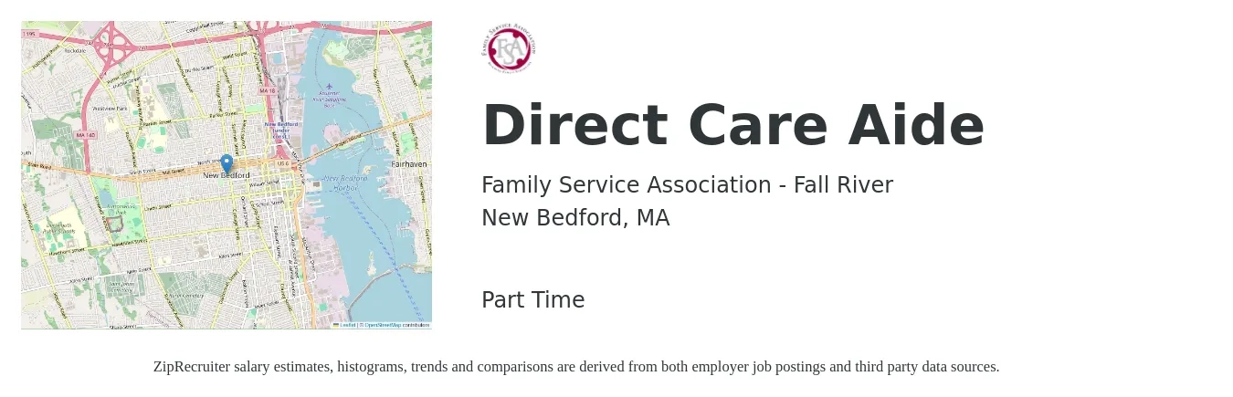Family Service Association - Fall River job posting for a Direct Care Aide in New Bedford, MA with a salary of $12 to $17 Hourly with a map of New Bedford location.