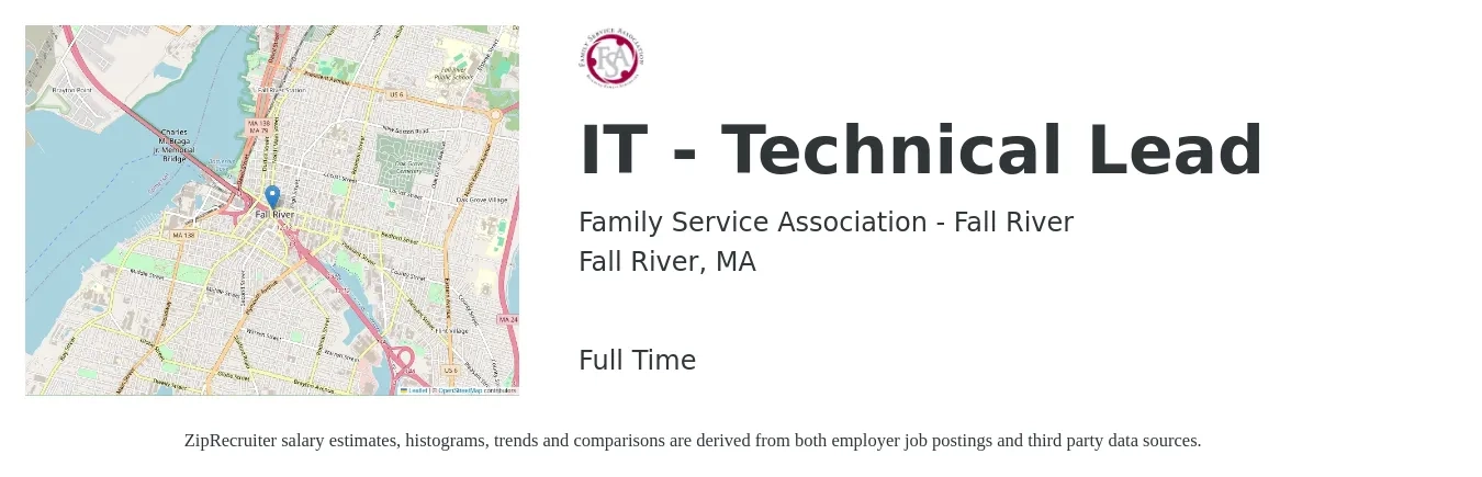 Family Service Association - Fall River job posting for a IT - Technical Lead in Fall River, MA with a salary of $118,900 to $210,200 Yearly with a map of Fall River location.